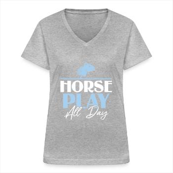 Cheval jouer toute la journée - Hobby Horse Steckenpferd - T-shirt col V Femme - gris chiné - Devant - Lela (165cm)