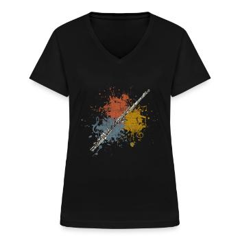 Flûte transversale retro - T-shirt col V Femme - noir - Devant - Lela (165cm)