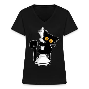 Süße schwarze Katze die an Dame v. Schach klettert - Frauen-T-Shirt mit V-Ausschnitt - Schwarz - Vorne - Lela (165cm)