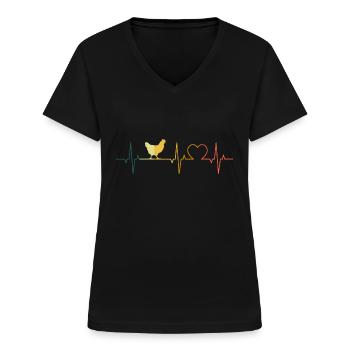 Huhn Herzschlag Hühner EKG Retro - Frauen-T-Shirt mit V-Ausschnitt - Schwarz - Vorne - Lela (165cm)