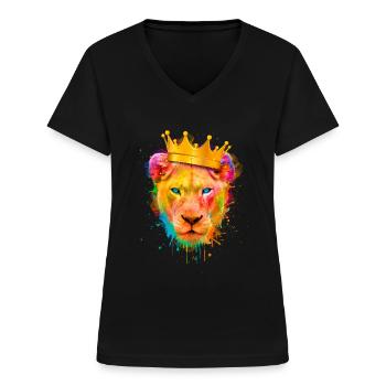 Amoureux du lion, Tête de lion, La Reine Lionne Coloré - T-shirt col V Femme - noir - Devant - Lela (165cm)