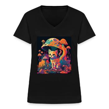 Pilze Katze Natur Kosmisch Neon Raver Goa Freiheit - Frauen-T-Shirt mit V-Ausschnitt - Schwarz - Vorne - Lela (165cm)