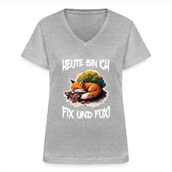 Fix und Foxi Fuchs Spruch Schlafshirt Kuscheln - Frauen-T-Shirt mit V-Ausschnitt - Grau meliert - Vorne - Lela (165cm)