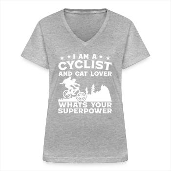 Superpuissance du cycliste et amoureux des chats - T-shirt col V Femme - gris chiné - Devant - Lela (165cm)