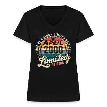 Avril 2000 Vintage Anniversaire Avril 2000 Millésime - T-shirt col V Femme - noir - Devant - Lela (165cm)