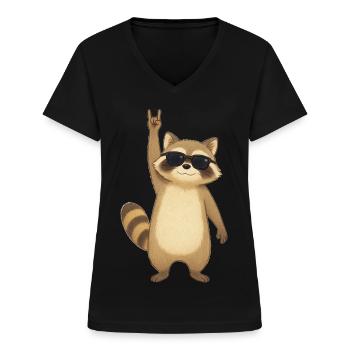 Retro Waschbär Rocker - Frauen-T-Shirt mit V-Ausschnitt - Schwarz - Vorne - Lela (165cm)