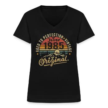 Anniversaire Juin 1985 Juin 1985 Juin 1985 - T-shirt col V Femme - noir - Devant - Lela (165cm)