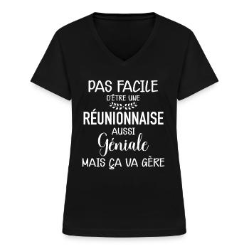 Réunionnaise Géniale - T-shirt col V Femme - noir - Devant - Lela (165cm)
