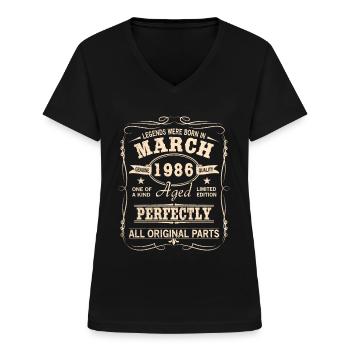 Millésime Mars 1986 Anniversaire - T-shirt col V Femme - noir - Devant - Lela (165cm)