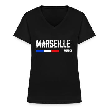 J'aime Marseille Nom de Ville en France - T-shirt col V Femme - noir - Devant - Lela (165cm)