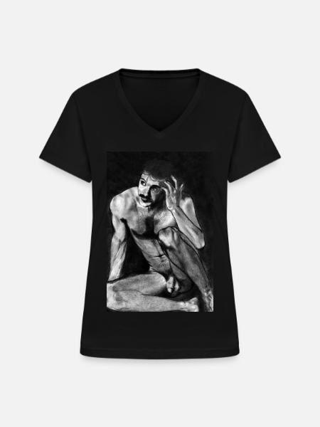 Nackter Mann mit Schnurrbart - Frauen-T-Shirt mit V-Ausschnitt - Schwarz