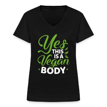 Oui, c'est un corps végétalien - T-shirt col V Femme - noir - Devant - Lela (165cm)