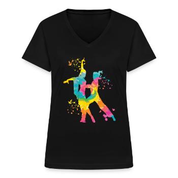Danseur d’aquarelle de couple de danse latine - T-shirt col V Femme - noir - Devant - Lela (165cm)