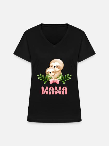 Mama Faultier Mutter Kind Mutterliebe - Frauen-T-Shirt mit V-Ausschnitt - Schwarz