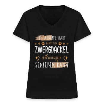 Retro Arbeite Hart Zwergdackel Dackel Luxusleben - Frauen-T-Shirt mit V-Ausschnitt - Schwarz - Vorne - Lela (165cm)