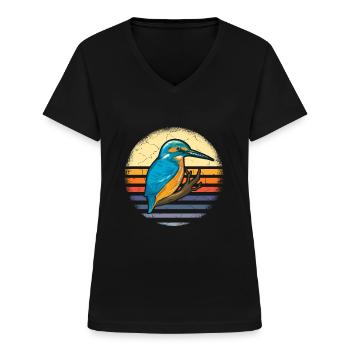 Eisvogel Rackenvogel Federn kobaltblau Grafik - Frauen-T-Shirt mit V-Ausschnitt - Schwarz - Vorne - Lela (165cm)