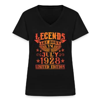 Anniversaire Juillet 1928 Edition Limitée Millésime - T-shirt col V Femme - noir - Devant - Lela (165cm)