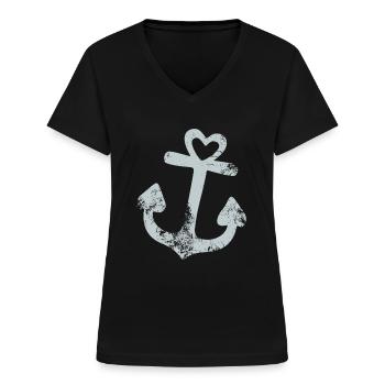 Anker mit Herz - Ich liebe das Meer - Küste - See - Frauen-T-Shirt mit V-Ausschnitt - Schwarz - Vorne - Lela (165cm)