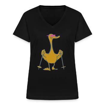 Stockente - Ente mit Stöcken - Walking - Frauen-T-Shirt mit V-Ausschnitt - Schwarz - Vorne - Lela (165cm)