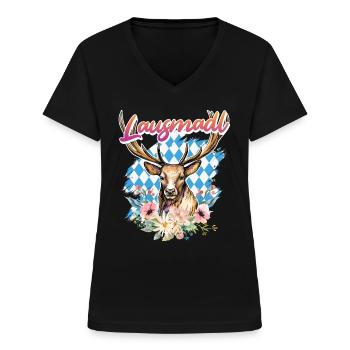 Lausmadl Dirndl Trachten Shirt Damen Bayern - Frauen-T-Shirt mit V-Ausschnitt - Schwarz - Vorne - Lela (165cm)