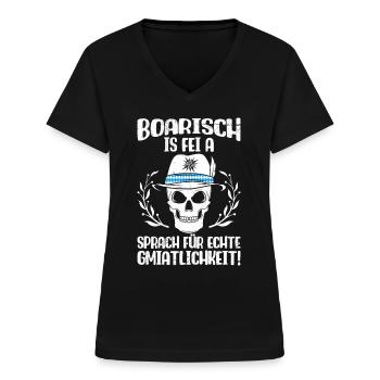 Boarisch is fei a Sprach für Gmiatlichkeit - Frauen-T-Shirt mit V-Ausschnitt - Schwarz - Vorne - Lela (165cm)