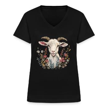Ziege Blumen Geschenk - Frauen-T-Shirt mit V-Ausschnitt - Schwarz - Vorne - Lela (165cm)