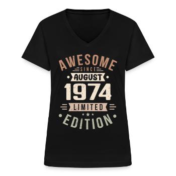 August 1974 Geburtstag im August 1974 Vintage 1974 - Frauen-T-Shirt mit V-Ausschnitt - Schwarz - Vorne - Lela (165cm)