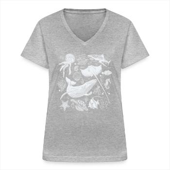 Tatouage Vintage Animal de la mer, Rétro Océan Nature - T-shirt col V Femme - gris chiné - Devant - Lela (165cm)