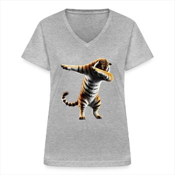 Funny Dabbing Tiger Wildlife Animal Lover - Women's V-neck T-shirt - sports grey - Front - Lela (165cm)