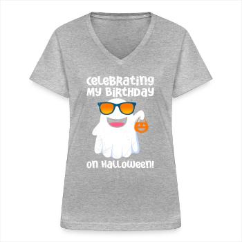 Halloween Party ICH FEIER MEINEN GEBURTSTAG - Frauen-T-Shirt mit V-Ausschnitt - Grau meliert - Vorne - Lela (165cm)