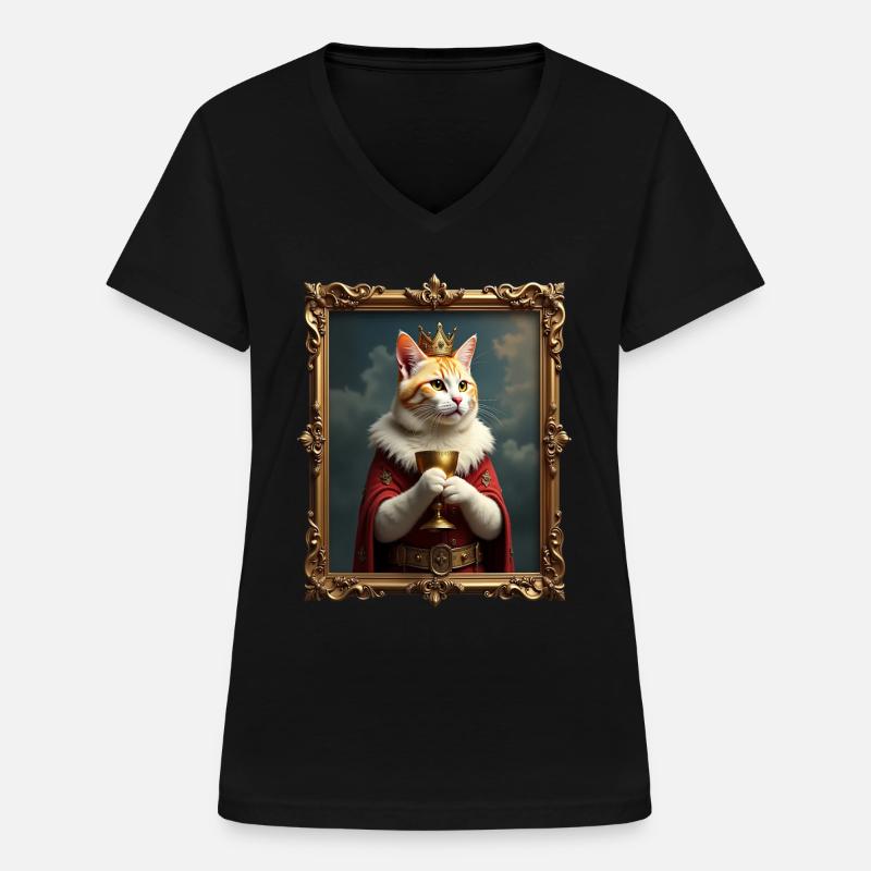Mittelalter Katze im Bilderrahmen Kunst Krone - Frauen-T-Shirt mit V-Ausschnitt - Schwarz