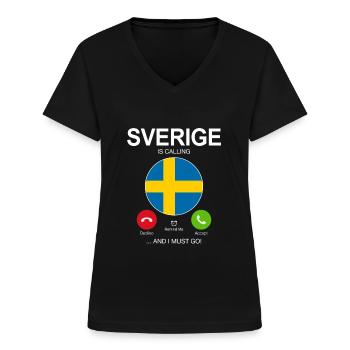 SVERIGE RUFT AN SCHWEDISCH FLAGGE SCHWEDEN SPRUCH - Frauen-T-Shirt mit V-Ausschnitt - Schwarz - Vorne - Lela (165cm)