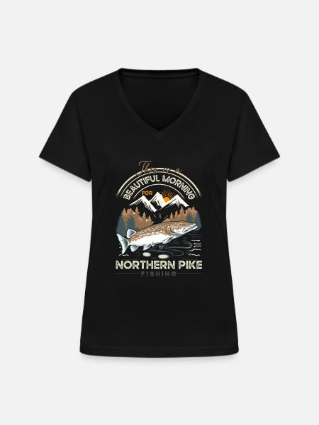 fishing, pike, northern, - Frauen-T-Shirt mit V-Ausschnitt - Schwarz