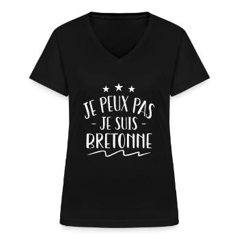 breton | Je peux pas je suis Bretonne - T-shirt col V Femme - noir - Devant - Lela (165cm)