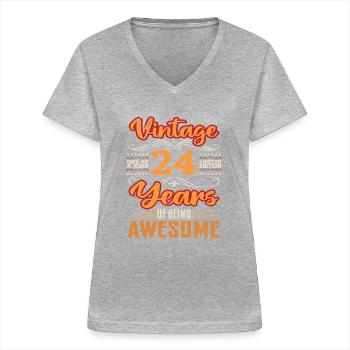 Vintage | 24 anniversaire idées cadeaux - T-shirt col V Femme - gris chiné - Devant - Lela (165cm)