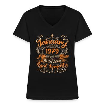 Januar 1979 | Perfekt gealtert | Limitierte Auflage - Frauen-T-Shirt mit V-Ausschnitt - Schwarz - Vorne - Lela (165cm)