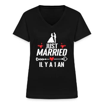 Noces De Coton Cadeau Anniversaire De Mariage 1 An - T-shirt col V Femme - noir - Devant - Lela (165cm)