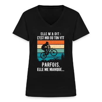 VTT Humoristique Humour VTT - T-shirt col V Femme - noir - Devant - Lela (165cm)