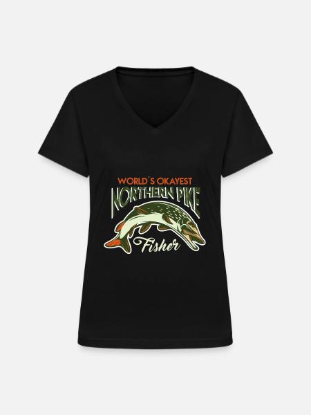 fishing, pike, northern, - Frauen-T-Shirt mit V-Ausschnitt - Schwarz