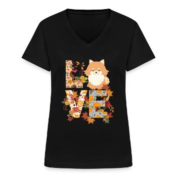 Zwergspitz Chien Automne Gratitude Amour - T-shirt col V Femme - noir - Devant - Lela (165cm)