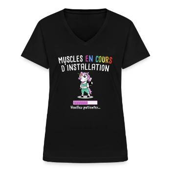 Muscles en Cours - Licorne Cadeau Fitness Humour - T-shirt col V Femme - noir - Devant - Lela (165cm)