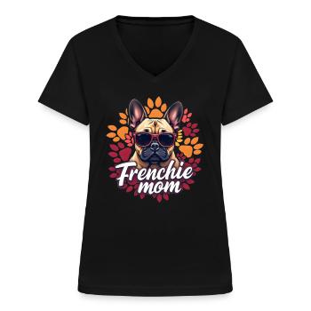 Frenchie Mom - T-shirt col V Femme - noir - Devant - Lela (165cm)