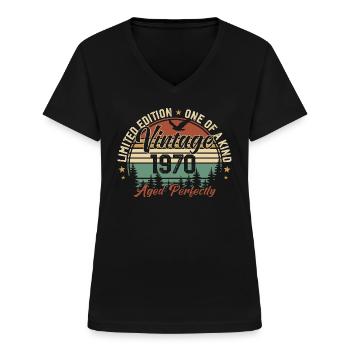 Jahrgang 1970er Retro 1970er Jahre Geburtstagsgeschenk - Frauen-T-Shirt mit V-Ausschnitt - Schwarz - Vorne - Lela (165cm)