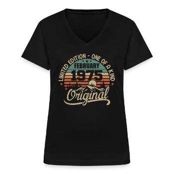Né En Février 1975 Cadeau Millésime - Février 1975 - T-shirt col V Femme - noir - Devant - Lela (165cm)
