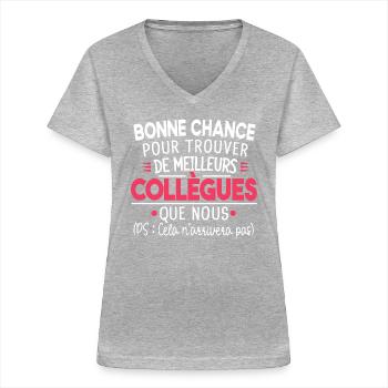 Collègue Collègues Cadeau Départ Retraite Humour - T-shirt col V Femme - gris chiné - Devant - Lela (165cm)