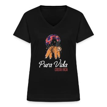 Pura Vida Costa Rica Sloth Parachute Vol - T-shirt col V Femme - noir - Devant - Lela (165cm)