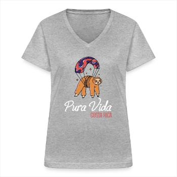 Pura Vida Costa Rica Sloth Parachute Vol - T-shirt col V Femme - gris chiné - Devant - Lela (165cm)