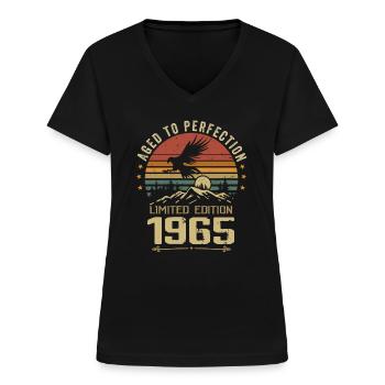 1965 Original Vintage Anniversaire 1965 rétro - T-shirt col V Femme - noir - Devant - Lela (165cm)