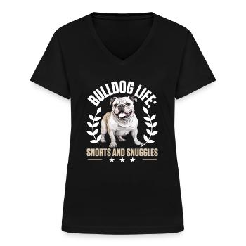 British English Bulldog - Bulldog Life Snorts - Women's V-neck T-shirt - black - Front - Lela (165cm)