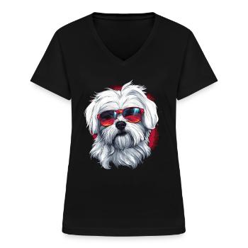 Chien maltais de race animal de compagnie avec lunettes de soleil - T-shirt col V Femme - noir - Devant - Lela (165cm)